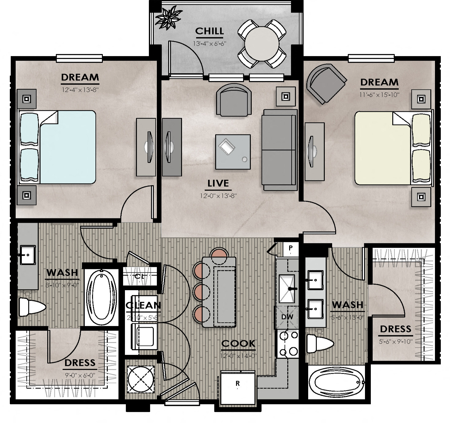 Floor plan for 2 beds, 2 baths, 1091 sqft